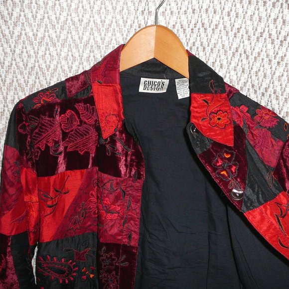 Chico's 1 Silk Embroidered Red Black Jacket M - Picture 2 of 9
